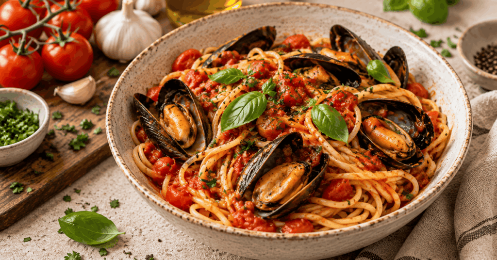 Spaghetti mit Tomatensoße und Miesmuscheln