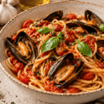 Spaghetti mit Tomatensoße und Miesmuscheln Spaghetti mit Miesmuscheln in Tomatensosse